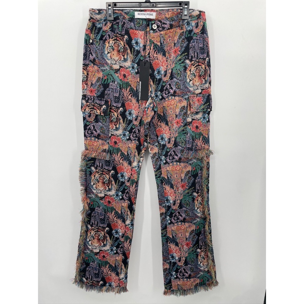 Rockstar Original Pants Women's XL Rena Tapestry cargo Floral‎ Fringe Boho